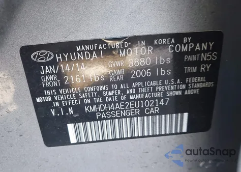 2014 Hyundai Elantra Limited z USA, uszkodzony, nr VIN KMHDH4AE2EU102147